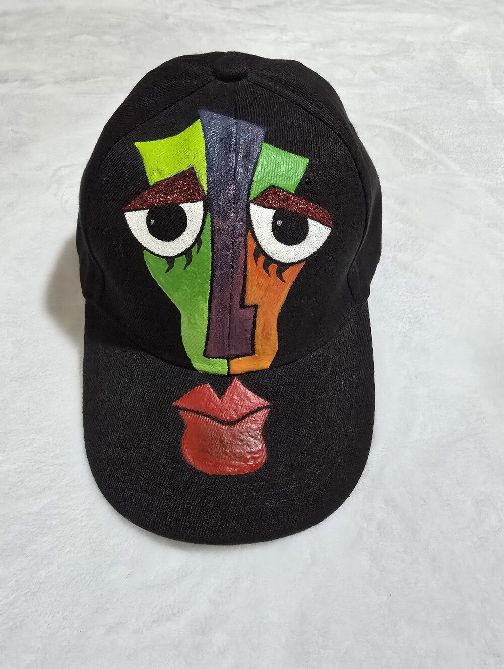 Black Art Face Baseball Cap with Colorful Abstract Design, Hand Painted. Unisex - Picture 5 of 10